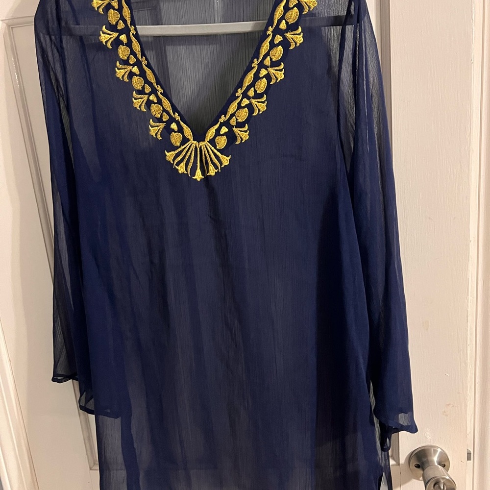 Trimshaper Navy Blue Sheer cover up with Gold Embroidery